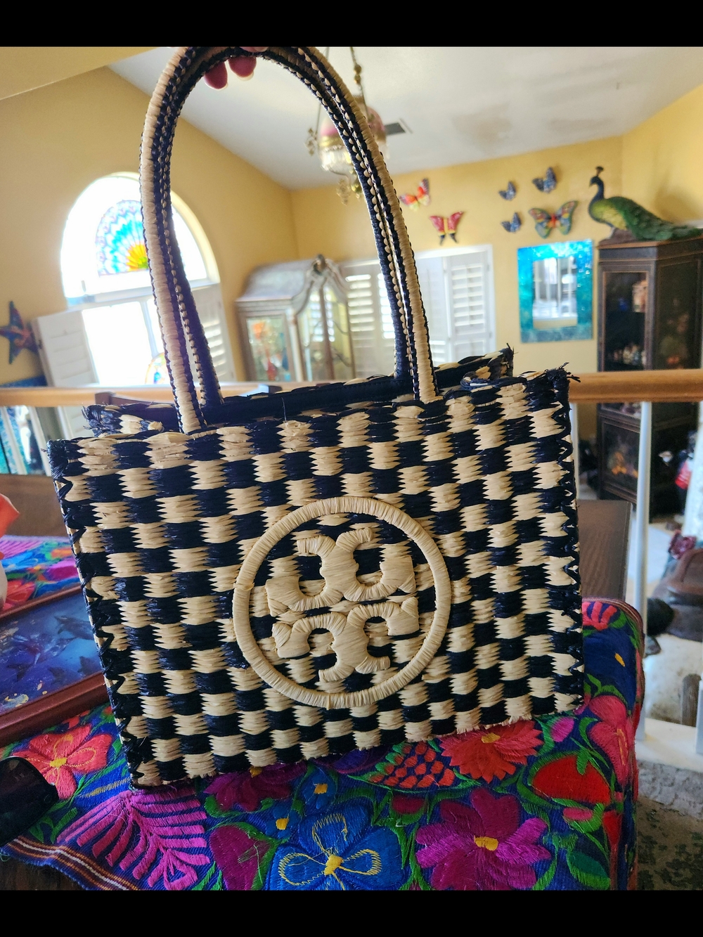 Tory Burch Ella Black and Natural Woven/Crochet Logo Tote